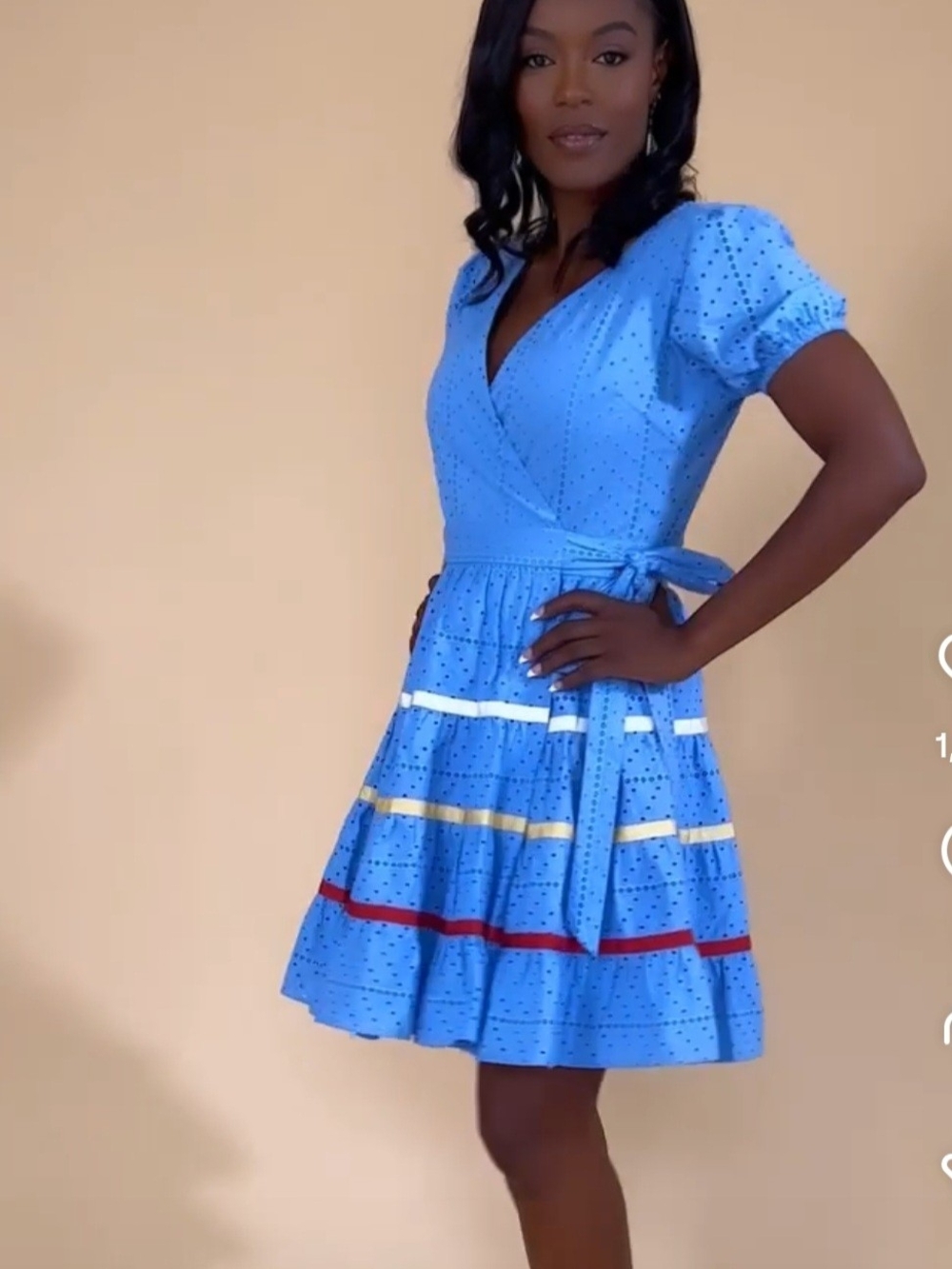 B. Yellowtail Bluebell Eyelet Wrap Dress with Contrast Ribbon Trim Medium